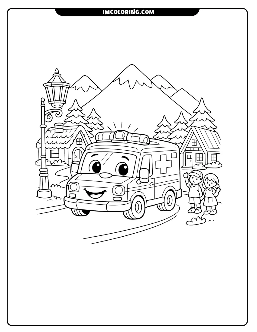 Simple line drawing of Friendly ambulance driving through a scenic mountain village