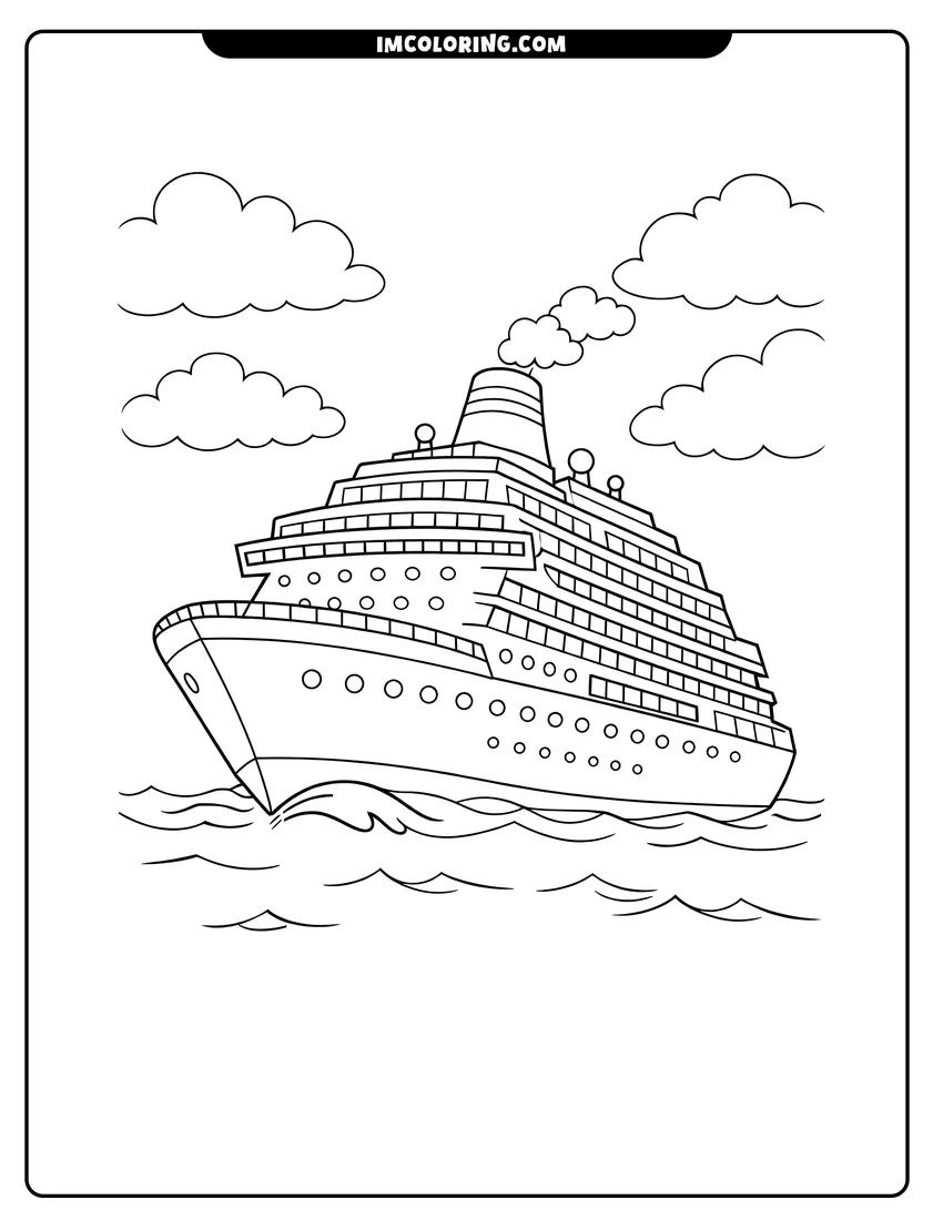 Kids activity sheet showing Large multi-deck cruise ship with portholes and funnel