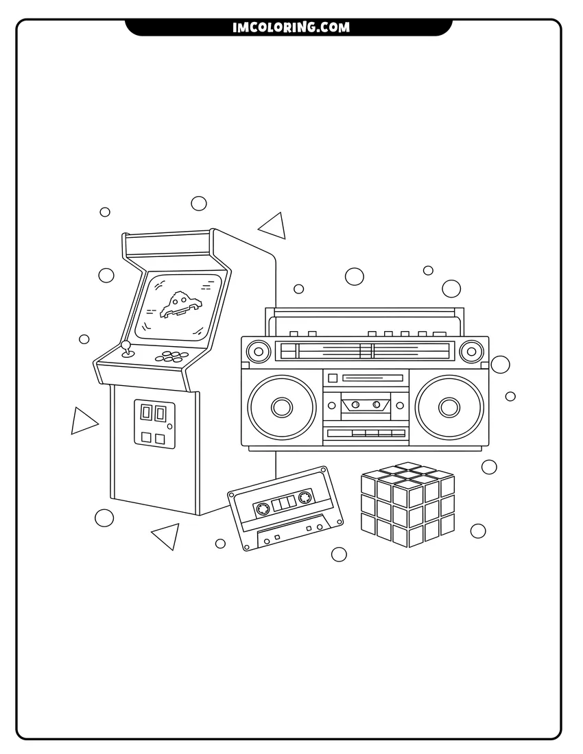 Printable coloring page of Retro arcade cabinet, boombox, cassette tape, and puzzle cube collage