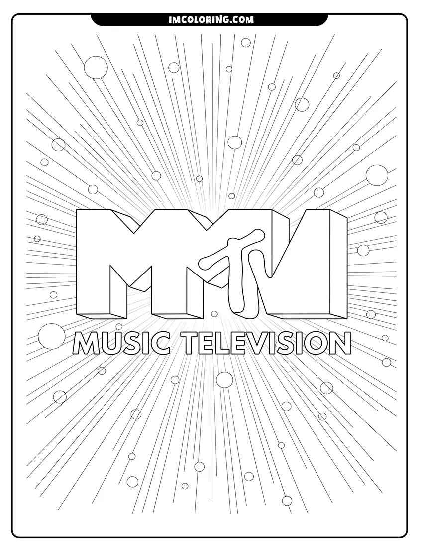 Simple sketch of 3D MTV logo with starburst lines and confetti background to color