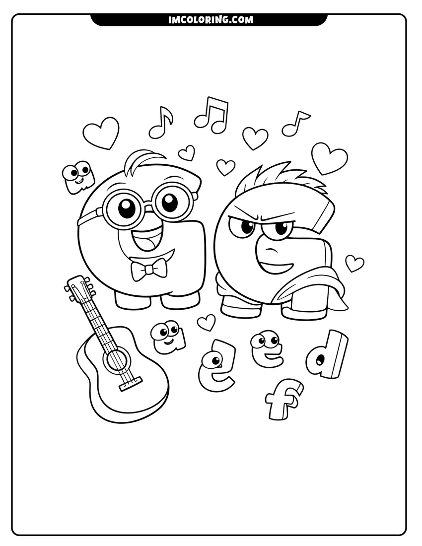 Black and white Alphabet Lore letter G characters with a guitar coloring sheet