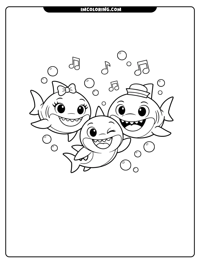 Printable outline of Winking Baby Shark swimming with parents and musical notes