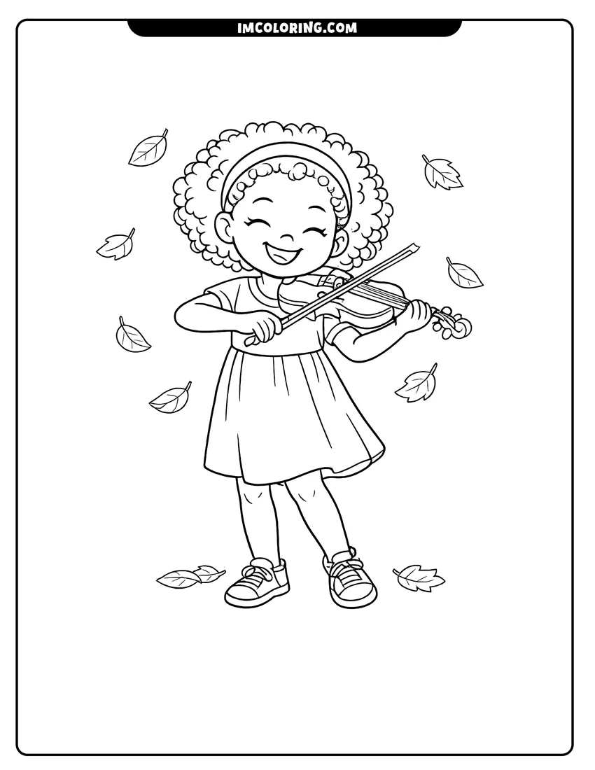 Simple sketch of Black girl playing violin in a forest for children