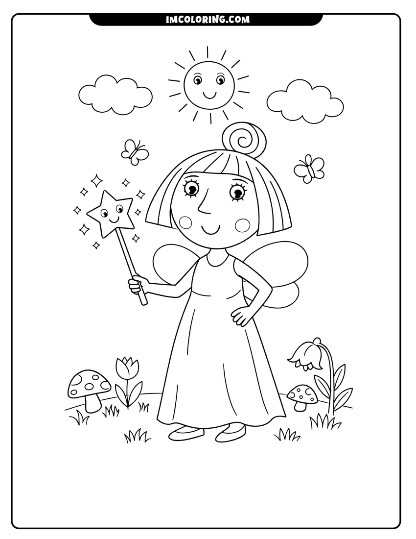 Simple sketch of Nanny Plum standing in a forest with a wand for children