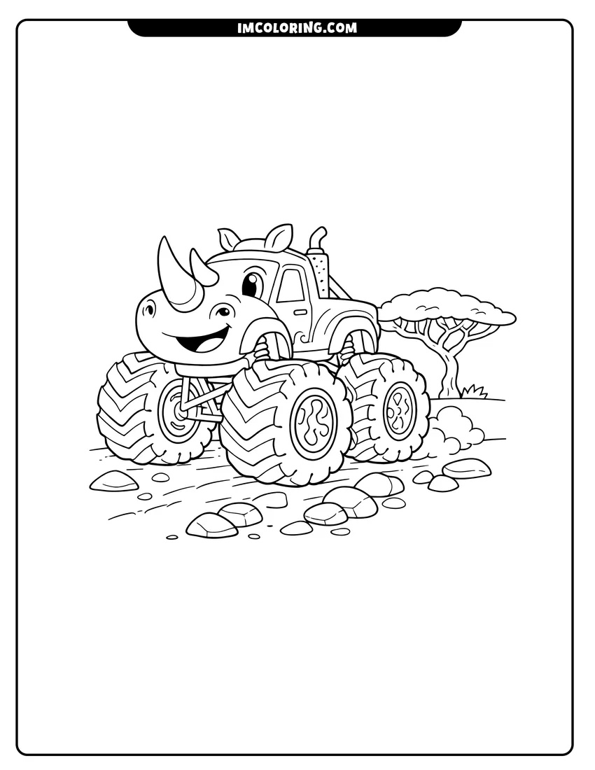 Line art depicting Nelson the rhinoceros monster truck in the savanna