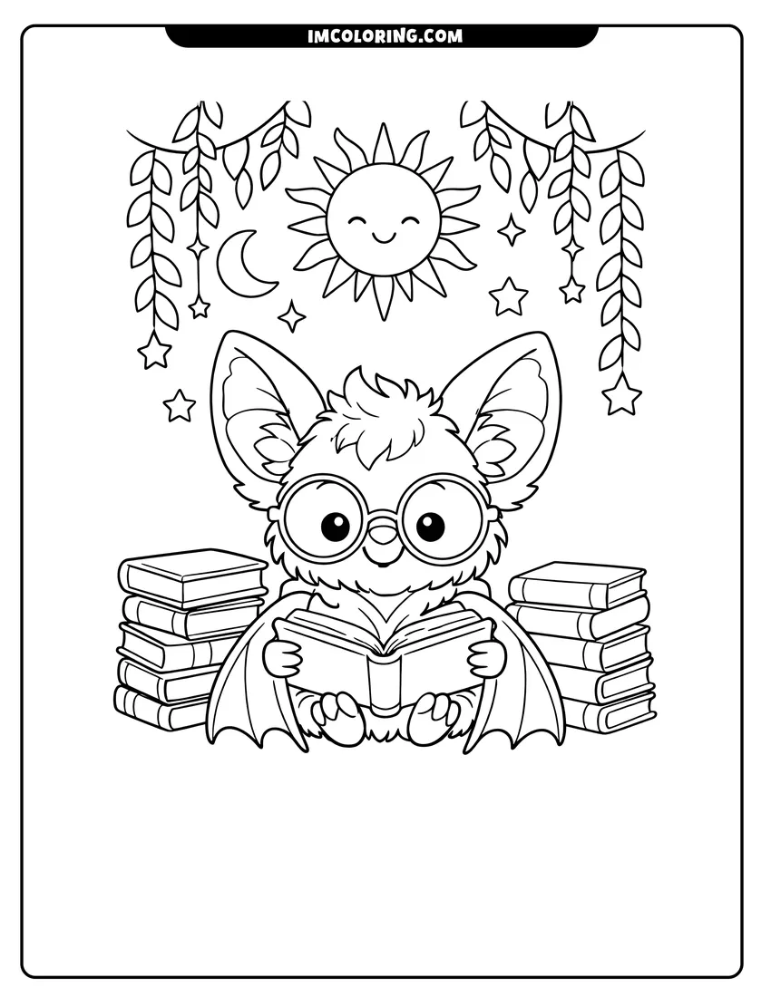 Line art depicting Cute bat wearing glasses and reading a book