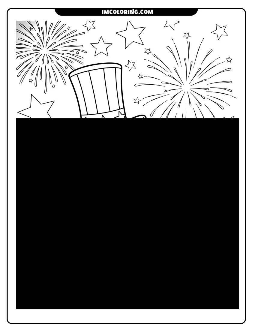 Outline drawing of Number four wearing Uncle Sam hat with fireworks and stars
