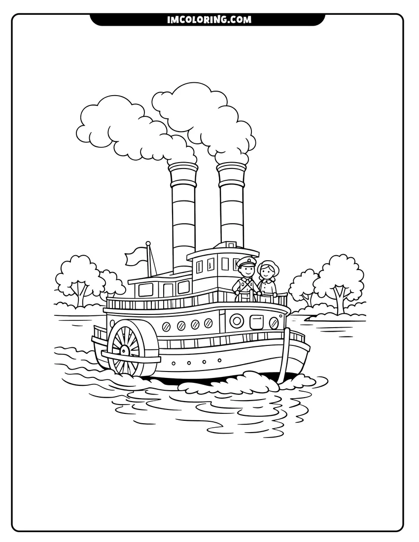 Illustration of Old-fashioned steamboat with smokestacks sailing down a serene river ready for painting