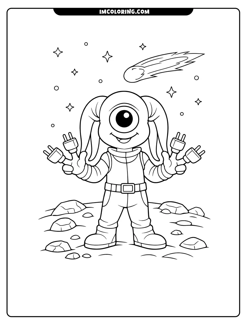 Printable coloring page featuring One-eyed alien with head-tails on a rocky planet
