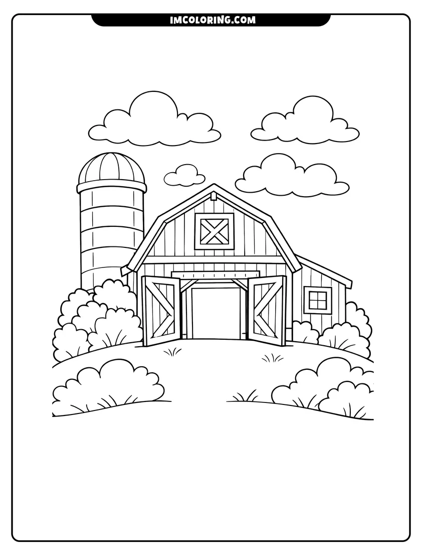 Black and white Wooden barn with open doors and a silo coloring sheet