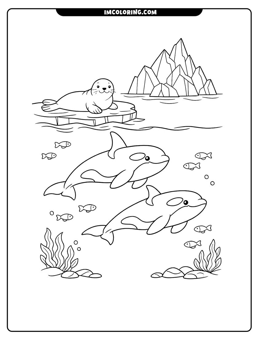 Outline of Two orca whales swimming near an iceberg on a white background