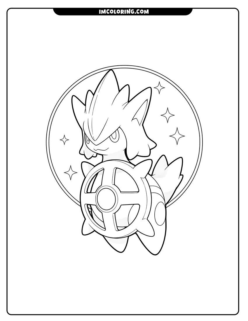 Coloring sheet of Origin Forme Arceus floating before a circle and stars for kids