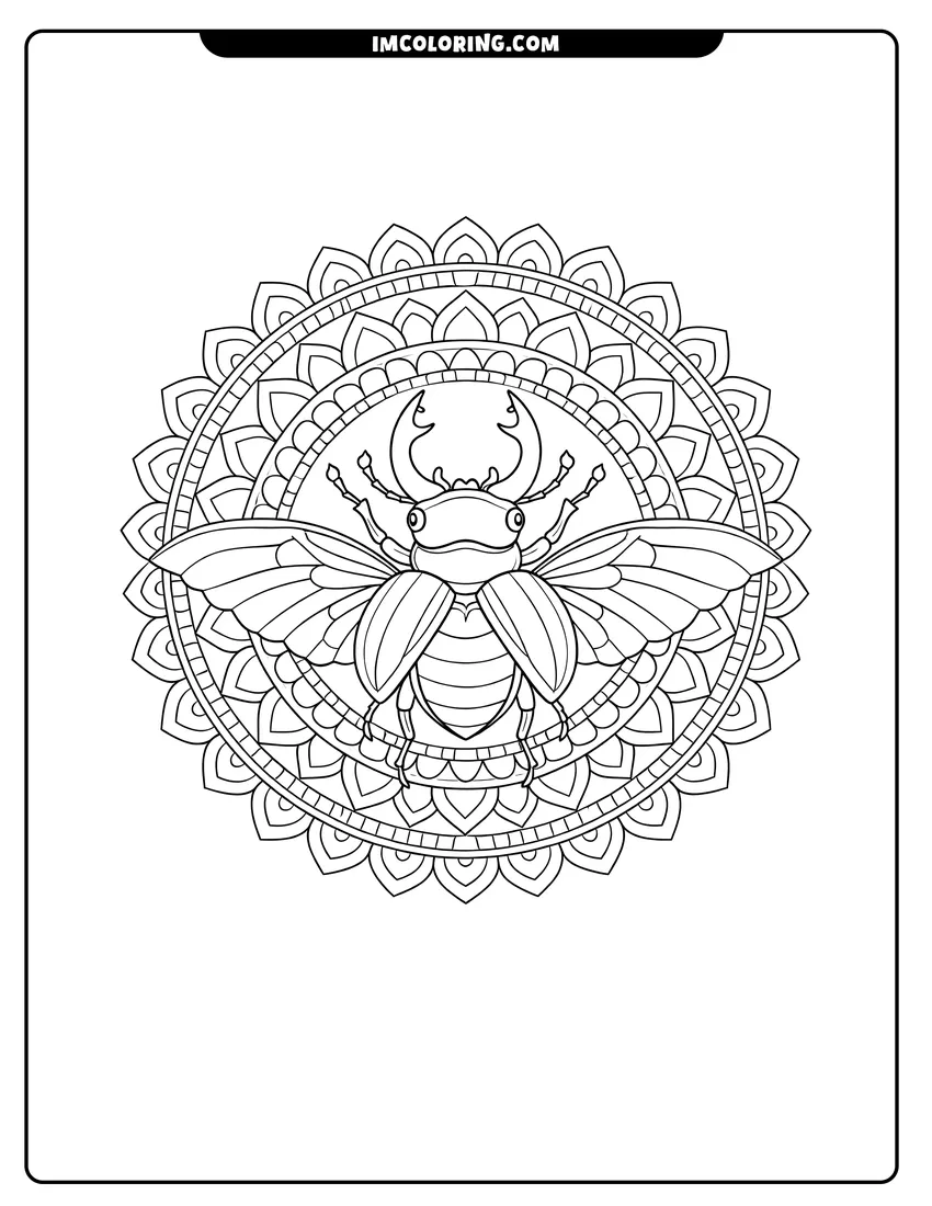 Scene showing Stylized beetle with wings centered in a complex mandala to color