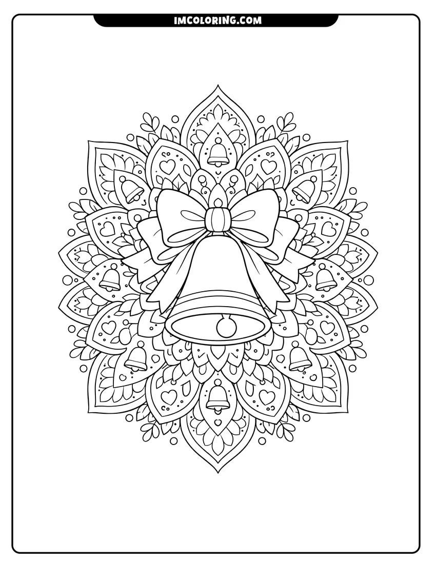 Scene showing Central bell within an ornate mandala of leaves and hearts to color