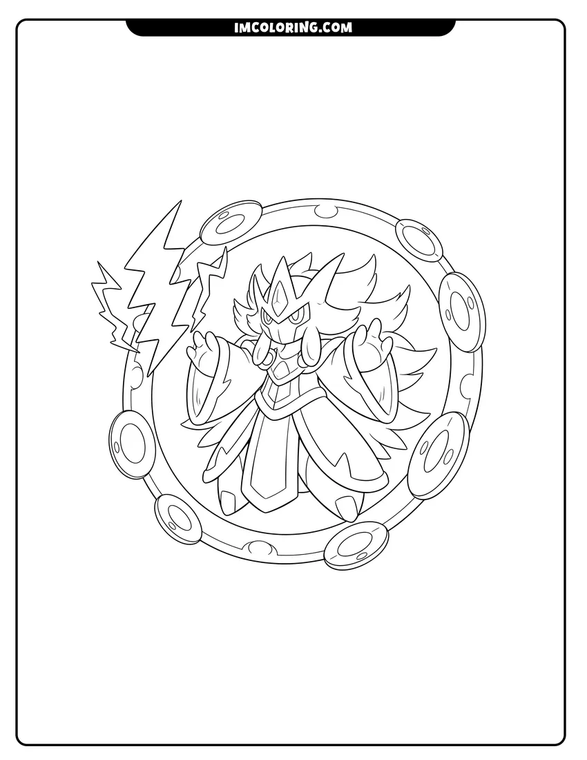 Humanoid Mega Arceus in robes wielding an energy bolt coloring page for preschoolers