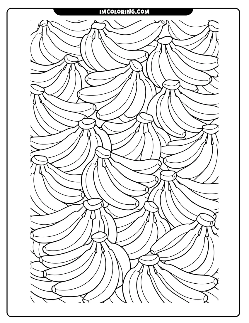 Printable coloring page featuring Dense pattern of overlapping banana bunches