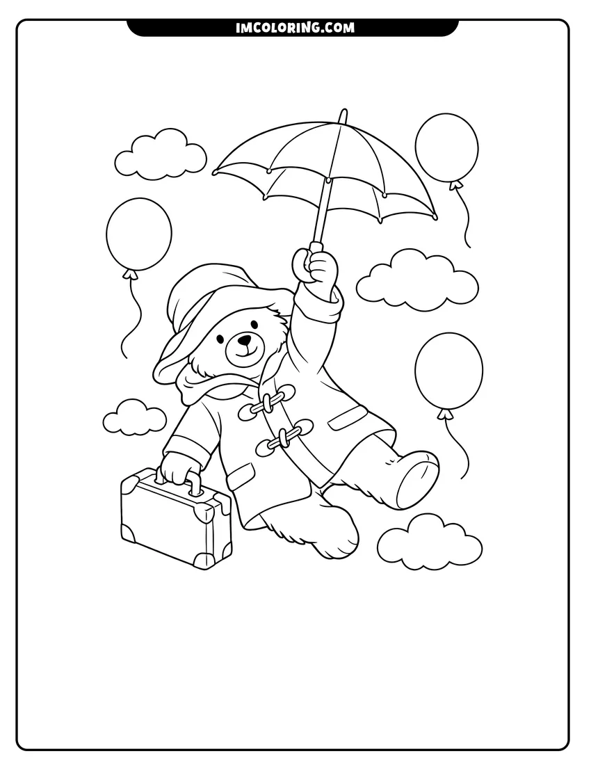 Simple sketch of Paddington Bear floating with an umbrella and suitcase for children