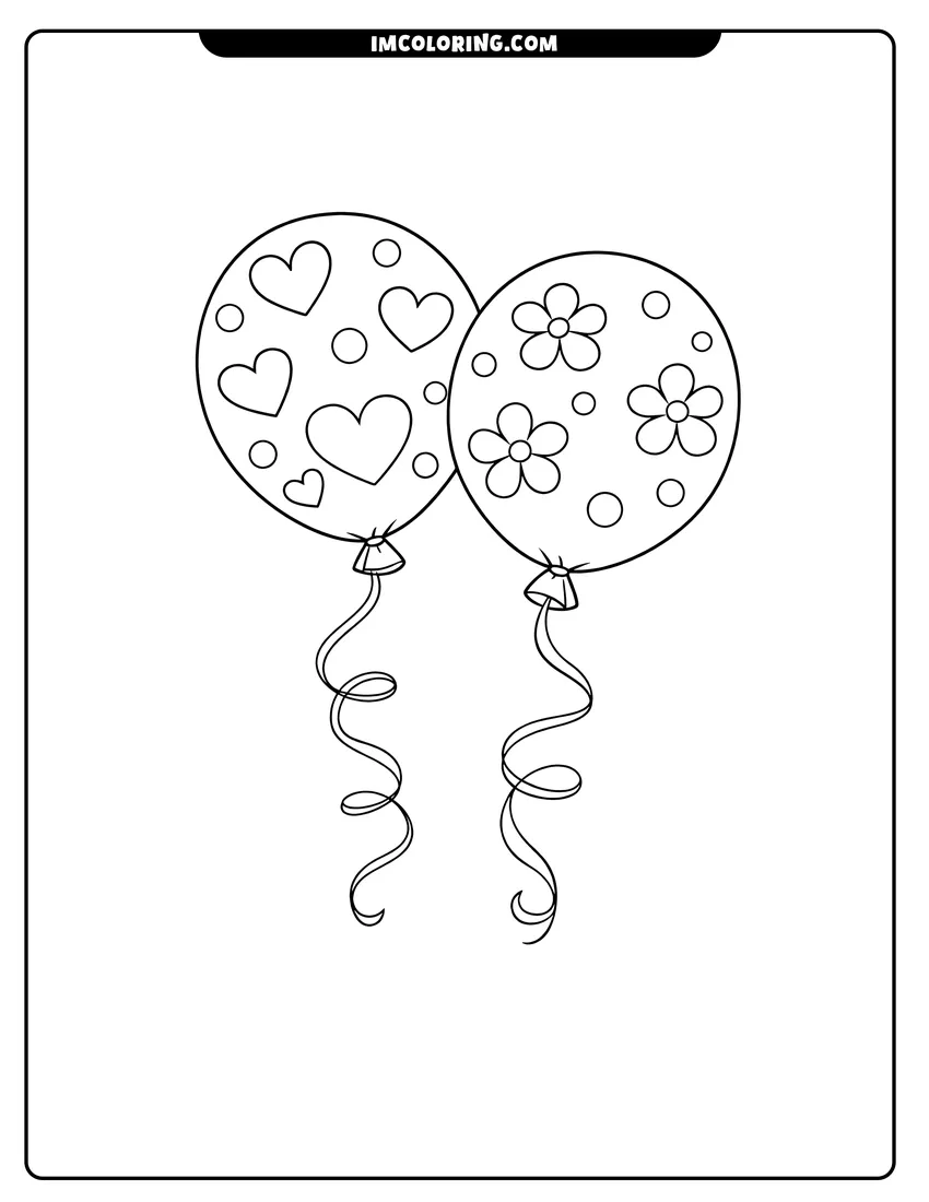 Detailed Two balloons with heart and flower patterns design for coloring