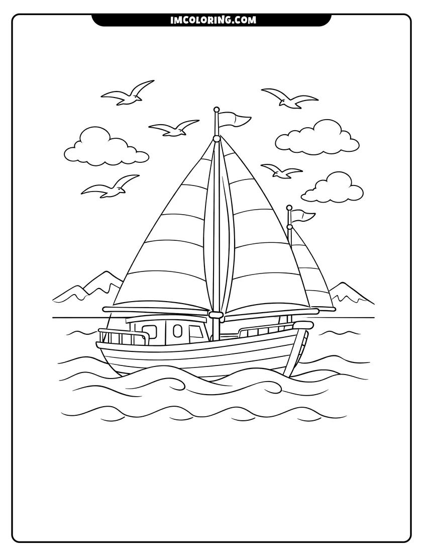 Scene showing Sailboat with paneled sails and seagulls near mountains to color