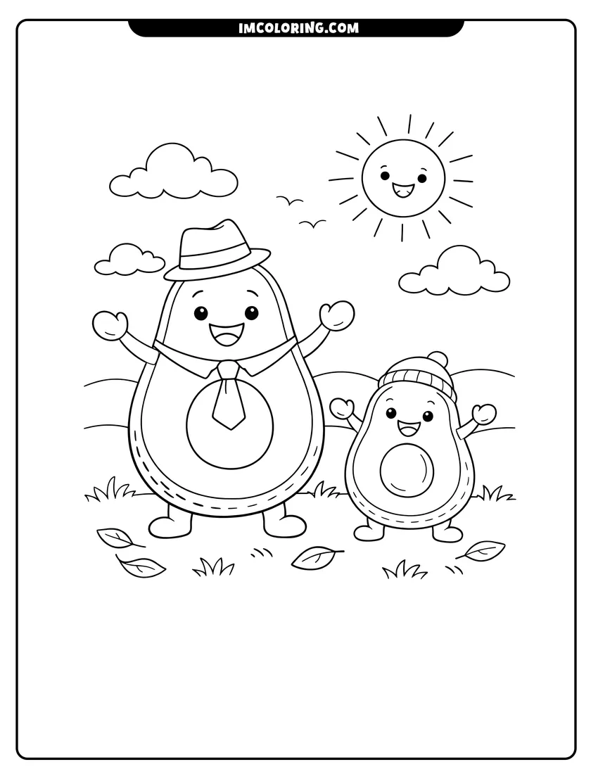 Scene showing Two avocado characters exercising in a grassy field to color