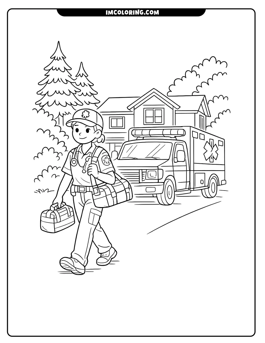 Simple sketch of Paramedic walking beside an ambulance at a rural home for children