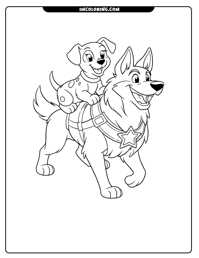 Scene showing Patch the puppy riding on Thunderbolt's back to color