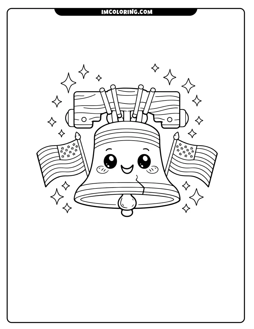 Cute Kawaii Liberty Bell with American flags and stars outline for coloring