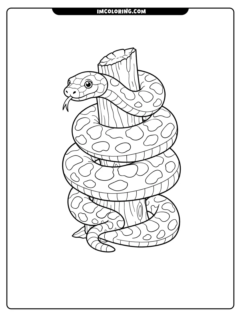 Coloring sheet of Anaconda with bold patterns wrapped around a tree trunk for kids