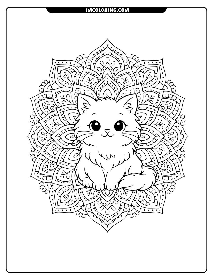 Fluffy cat sitting inside a multi-layered paisley mandala drawing meant for coloring
