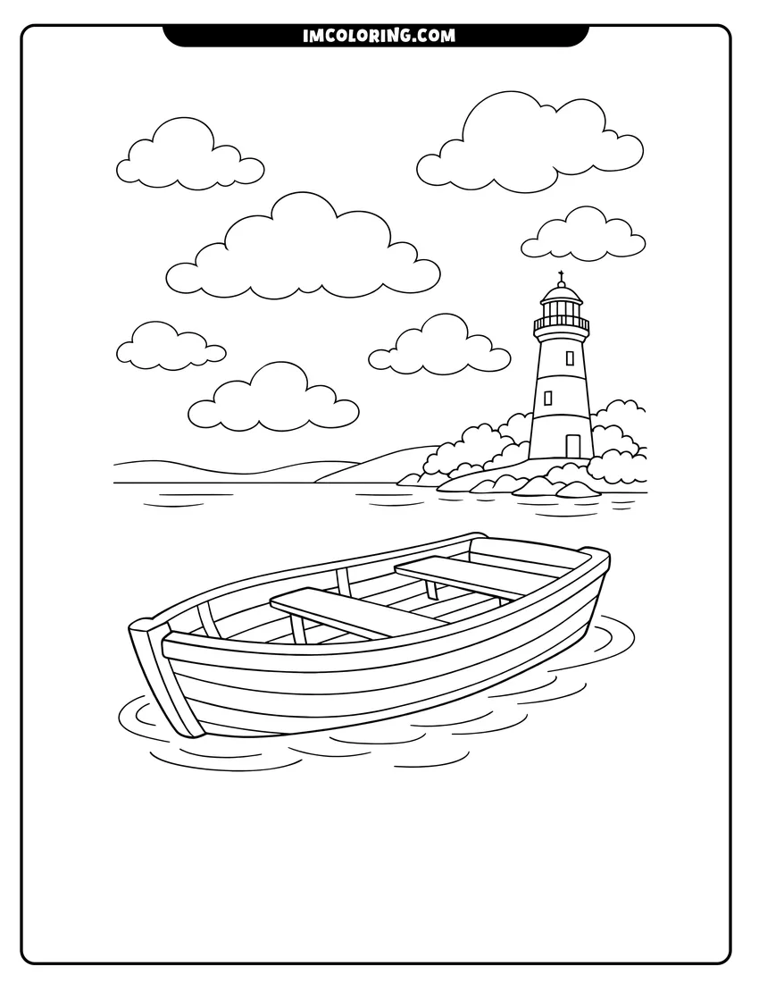 Printable coloring page featuring Empty wooden rowboat floating on a peaceful lake near lighthouse