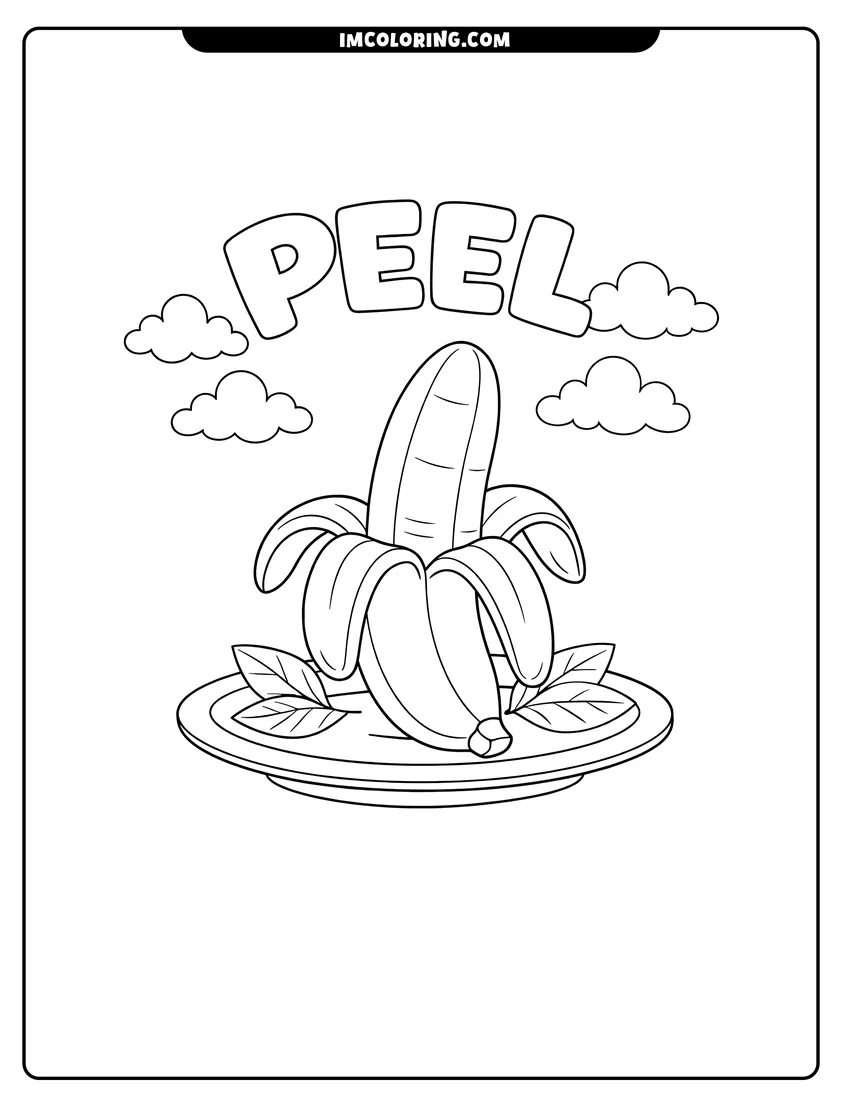Printable Peeled banana on a plate with the word peel coloring activity