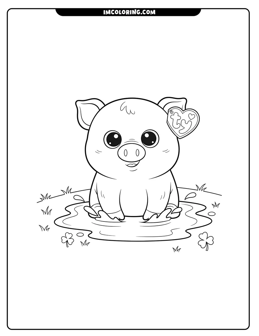 Black and white Beanie Boo pig sitting in a mud puddle coloring sheet