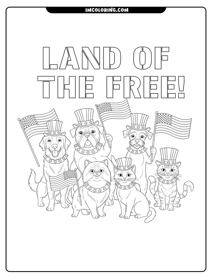 Clean line drawing: Patriotic dogs and cats holding American flags with festive hats
