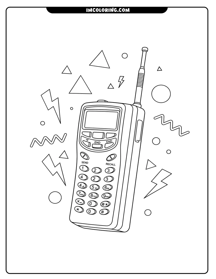 Outline drawing of 80s brick phone with antenna and floating geometric shapes