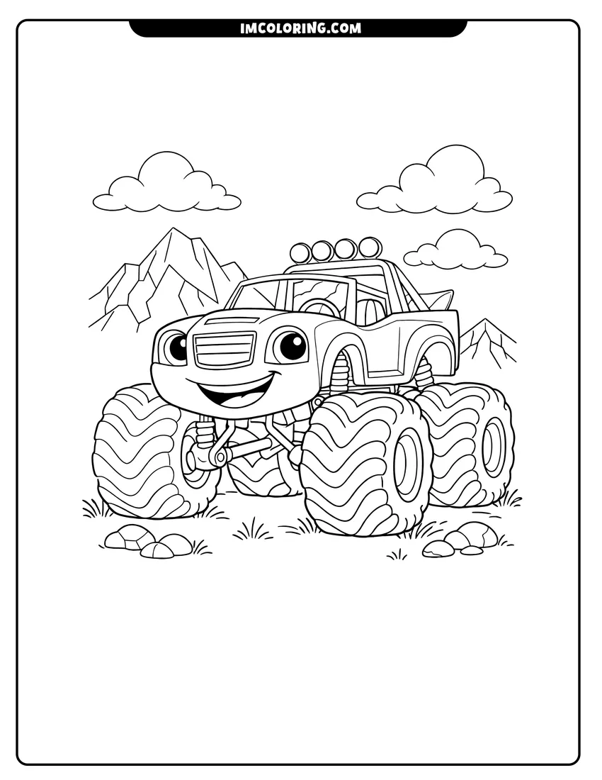 Easy-to-color Pickle the monster truck in a mountain field illustration