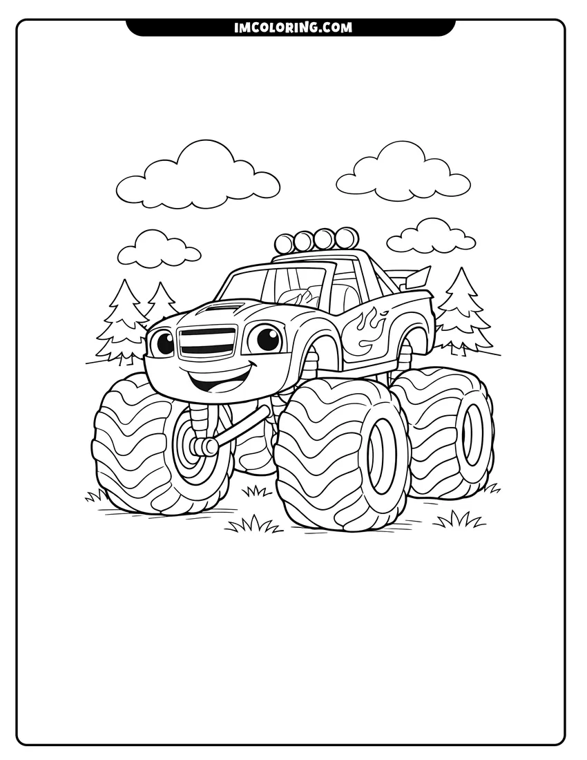 Pickle the monster truck in a grassy field drawing meant for coloring