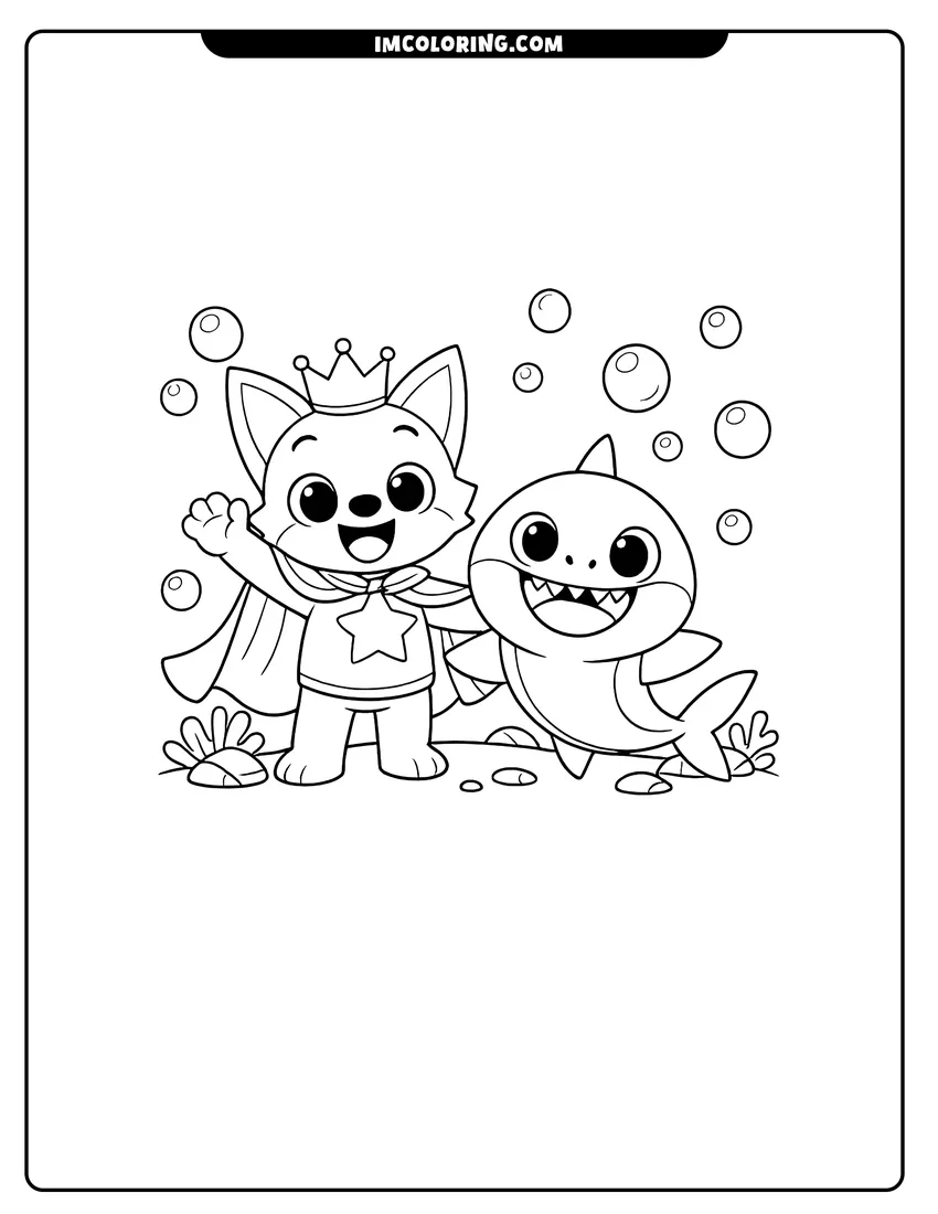 Printable outline of Pinkfong in a star cape with Baby Shark