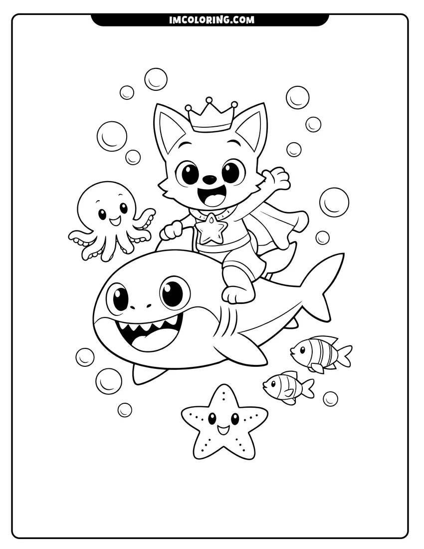 Black and white Pinkfong riding on Baby Shark past an octopus coloring sheet