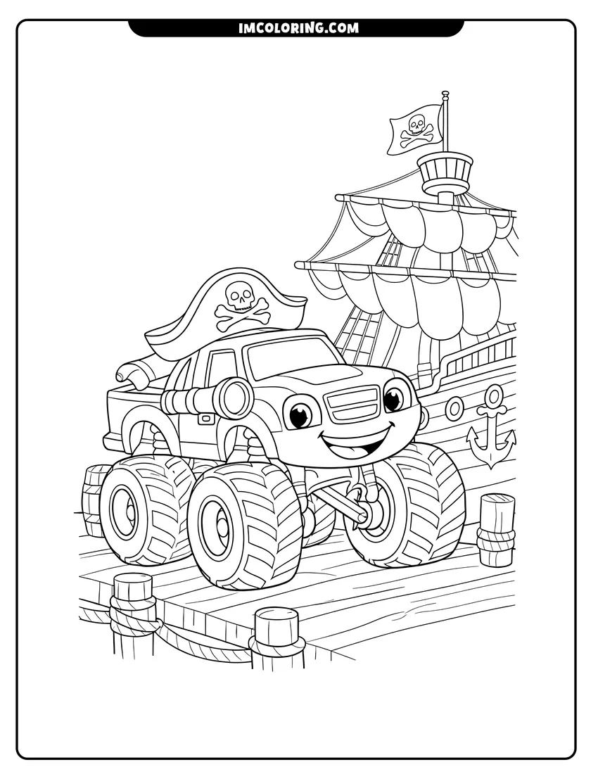 Coloring sheet of Blaze the monster truck dressed as a pirate for kids