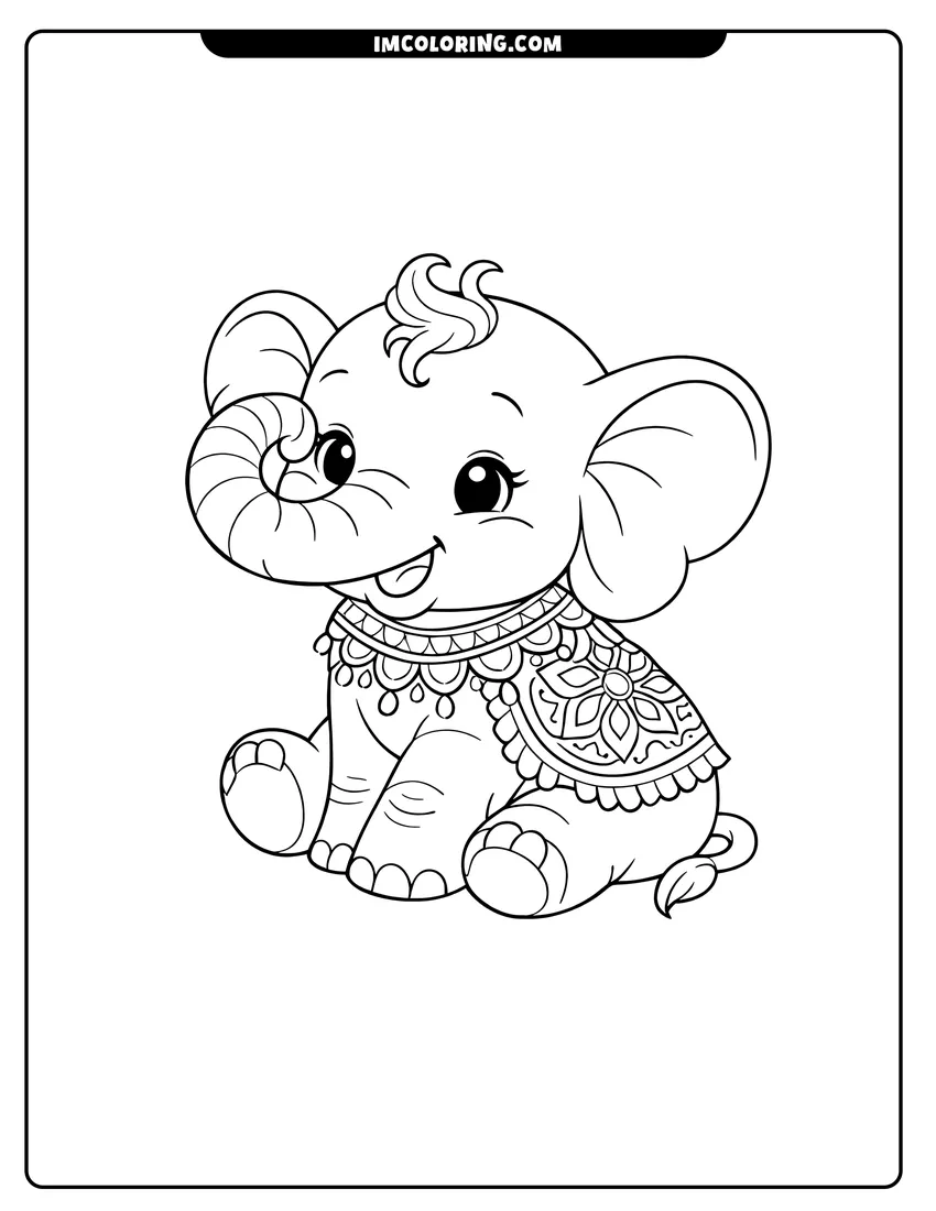 Cheerful baby elephant wearing a decorative patterned blanket coloring page for preschoolers