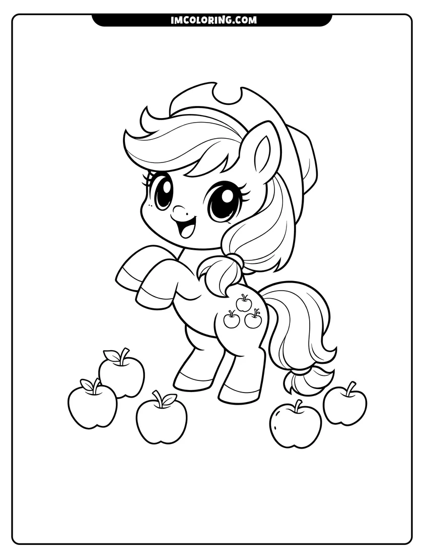 Simple line drawing of Chibi Applejack standing on hind legs with cartoon apples