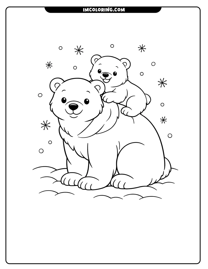 Simple line drawing of Mama polar bear and cub in the snow