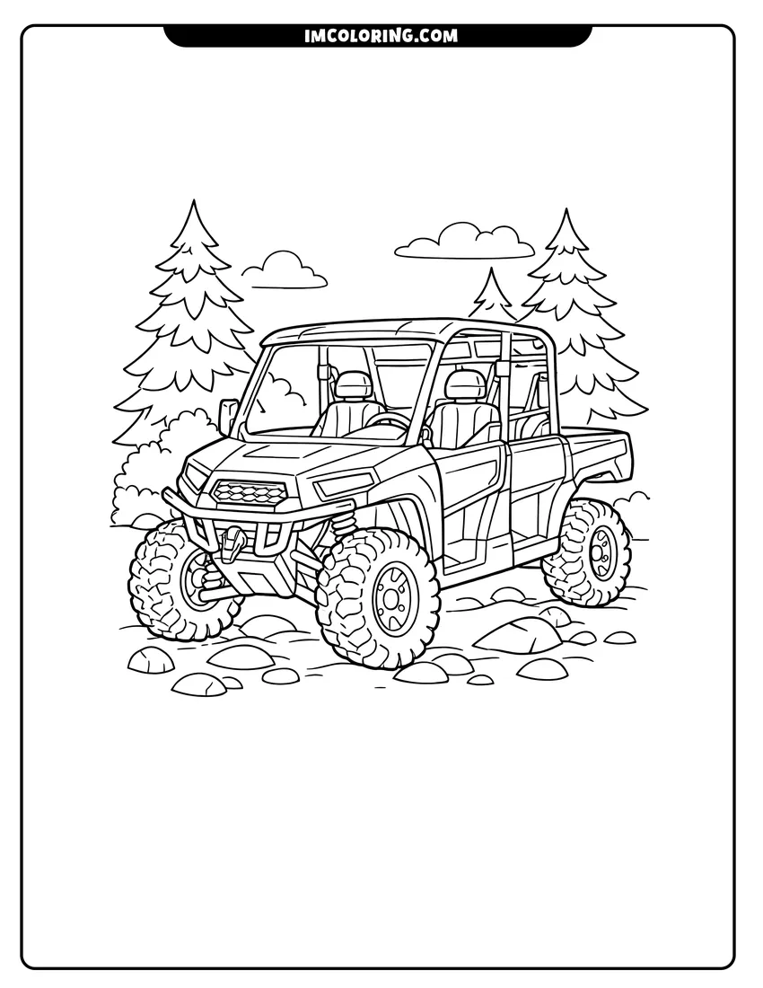 Cute Polaris utility UTV parked in a forest clearing outline for coloring