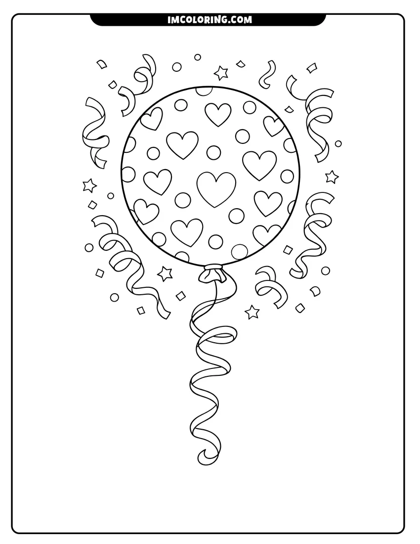 Outline of Heart patterned balloon with falling confetti on a white background
