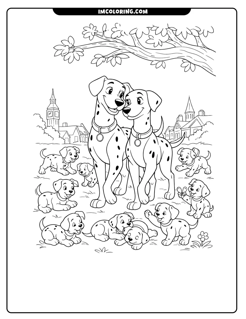 Simple sketch of Pongo and Perdita walking with puppies in park for children