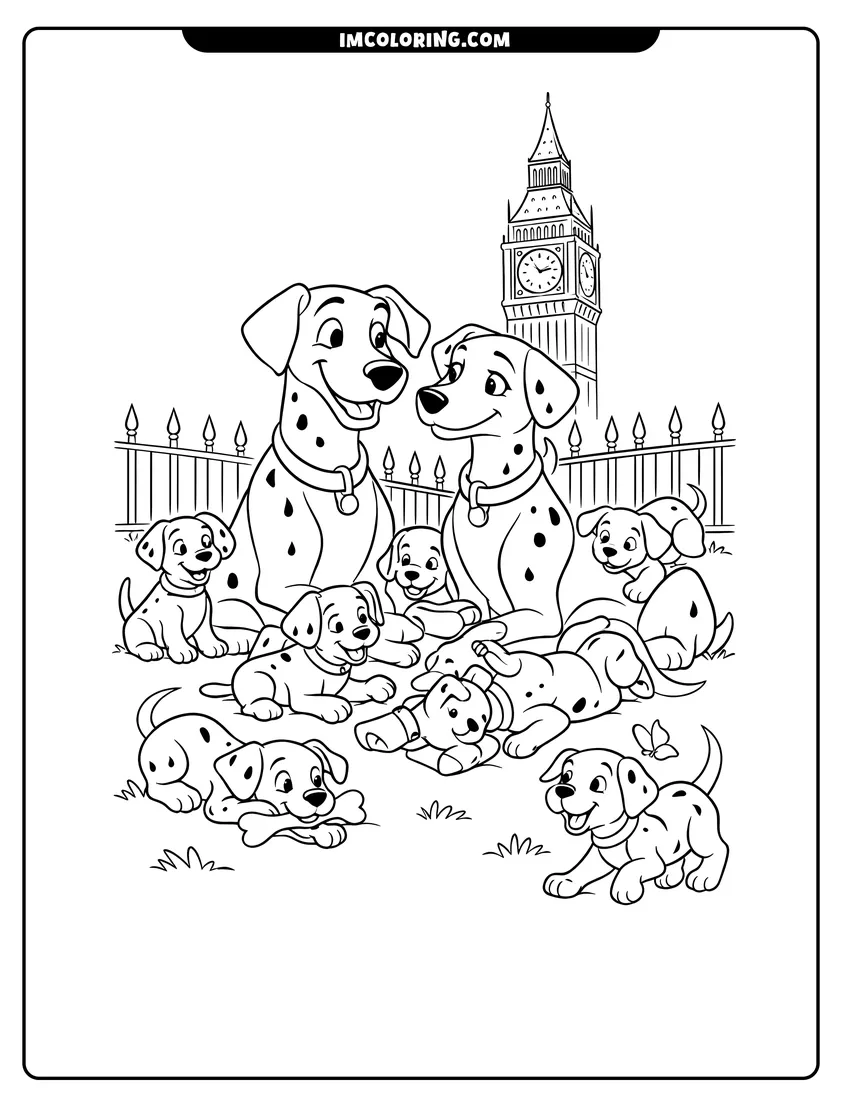 Pongo and Perdita with puppies in London park coloring page for preschoolers