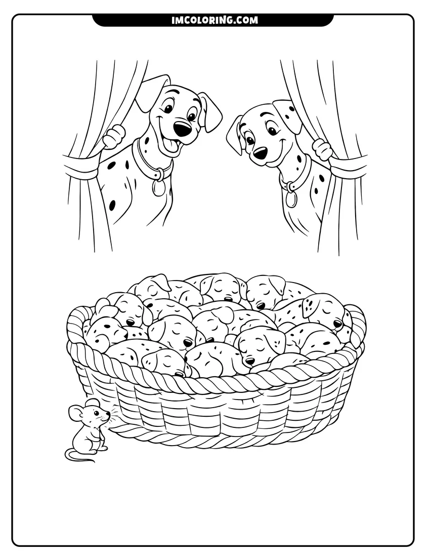 Pongo and Perdita watching puppies in a basket drawing meant for coloring