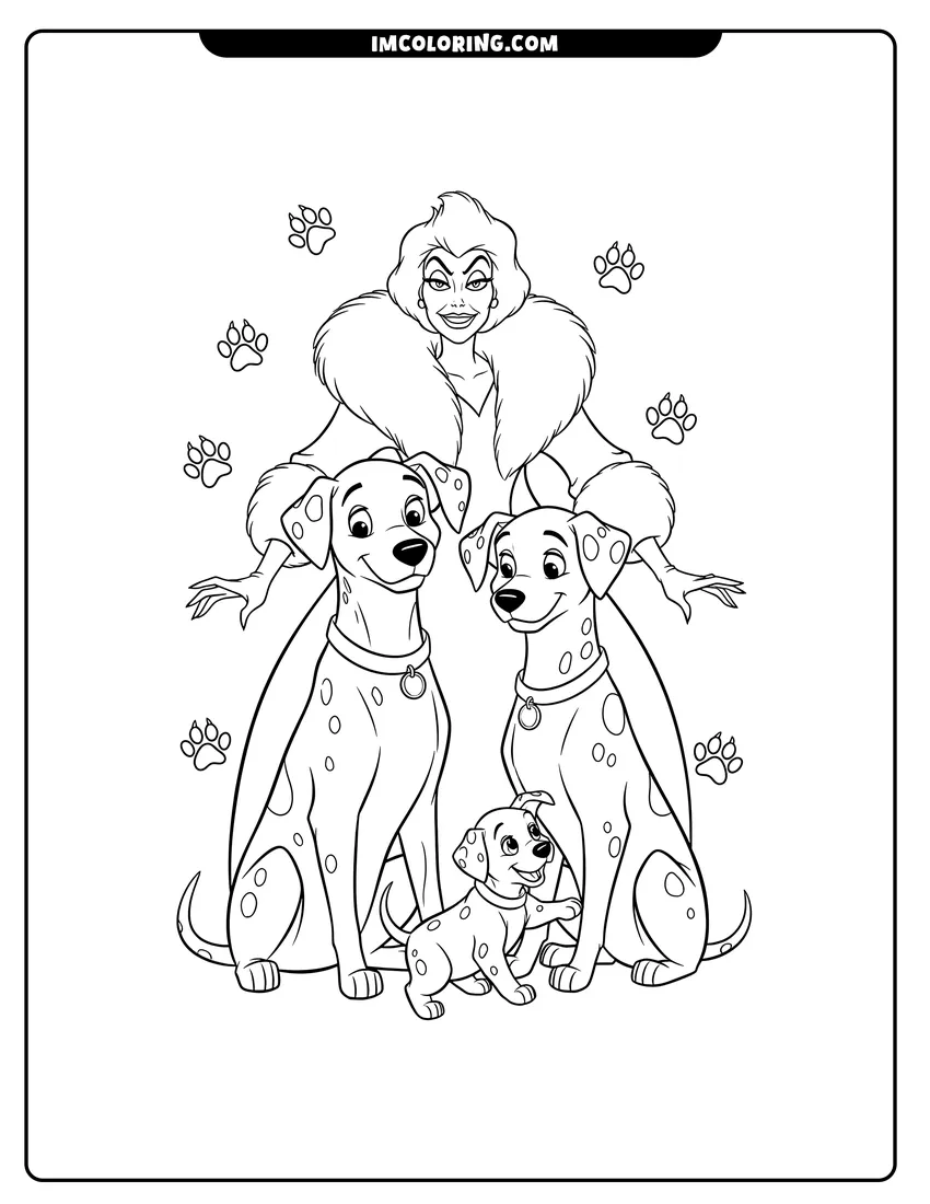 Cute Pongo Perdita and puppies with Cruella de Vil outline for coloring
