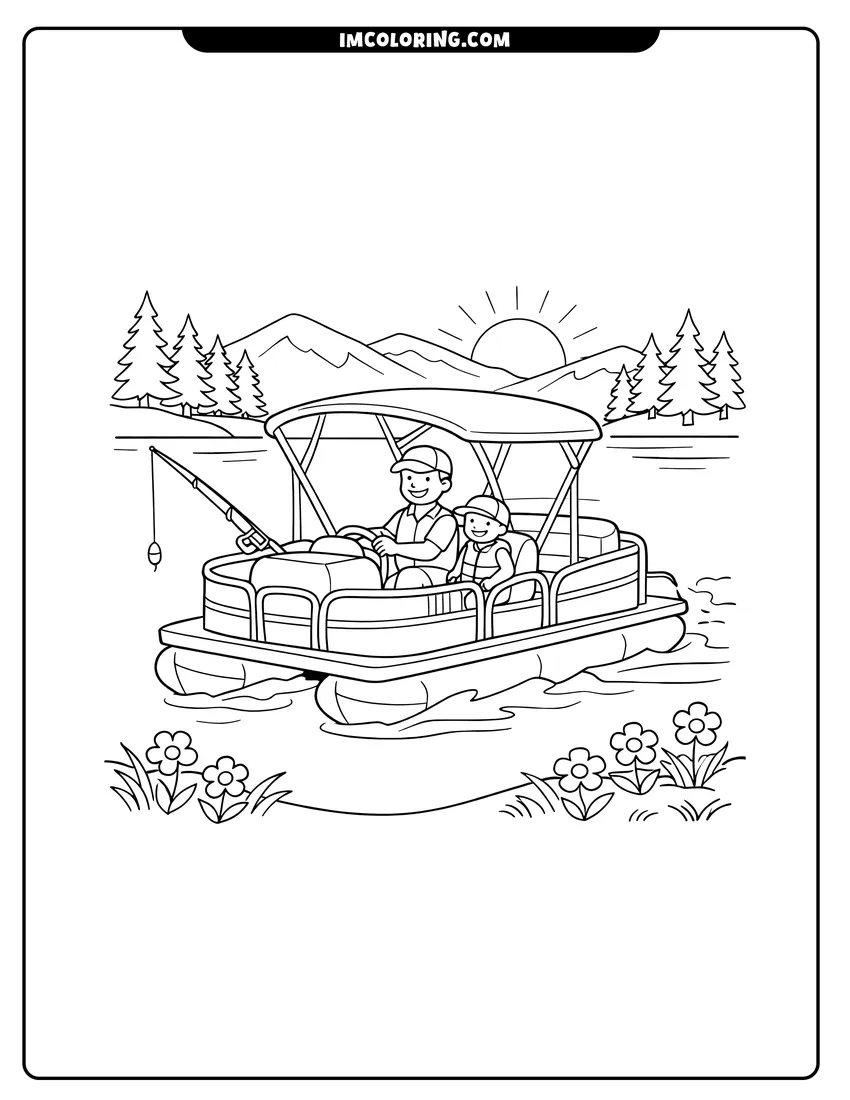 Coloring sheet of Pontoon boat with a canopy on a mountain lake for kids