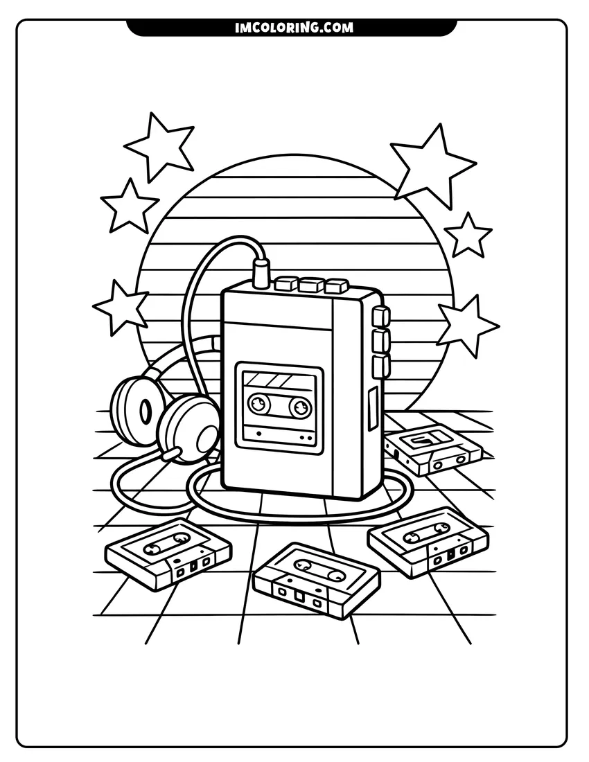 Scene showing 80S portable cassette player on grid to color